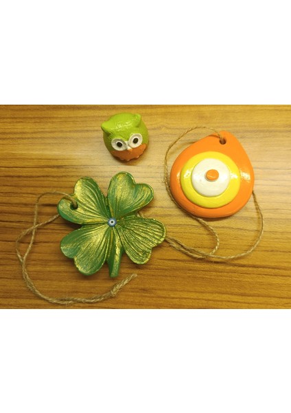 El Yapımı Dört Yapraklı Yonca, Baykuş ve Nazar Boncuğu 3’lü Dekoratif Set – Şans, Koruma ve Bilgelik Temalı