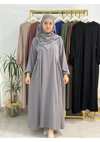 Yandan Büzgülü Elbise Sufle Esarp Takım Jilbab,abaya,hijab ( Hac ve Umre Için Uygundur) Gri indirimleri
