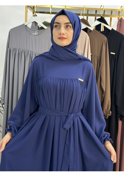 Şallı ve Üsten Robalı,kemerli Elbise Takım .hijap ,abaya (Hac ve Umre Için Uygundur) Indigo