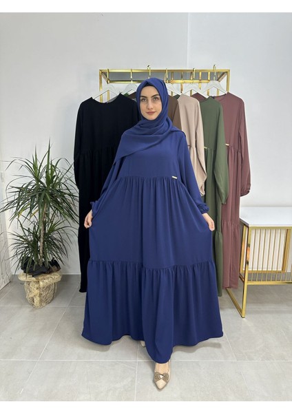 Iki Kat Büzgülü Elbise ve Şallı Takım .hijap ,abaya (Hac ve Umre Için Uygundur) Indigo