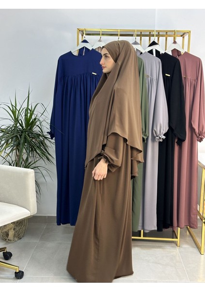 Ferace & Abaya Sufle Esarp ve Üsten Robalı Kemerli Elbise Takım .hac ve Umre Için Uygundur Kahve fırsatları