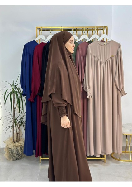 Tesettür Elbise,önü V Model Büzgülü,sufle Esarpla Takım.hijap ,khimar.hac Umre Için Uygundur Kahve modelleri