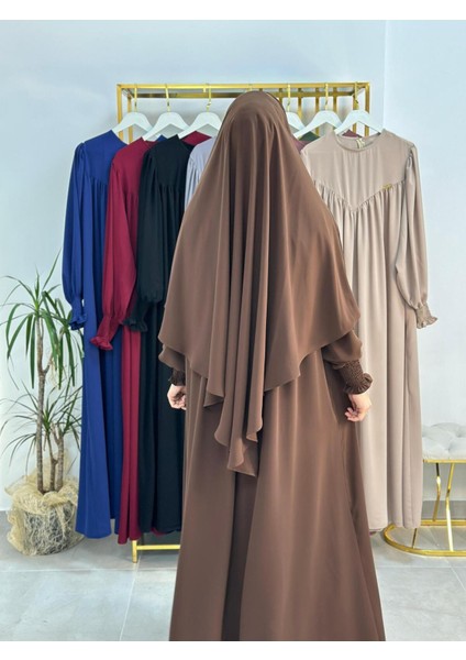 Tesettür Elbise,önü V Model Büzgülü,sufle Esarpla Takım.hijap ,khimar.hac Umre Için Uygundur Kahve fırsatları
