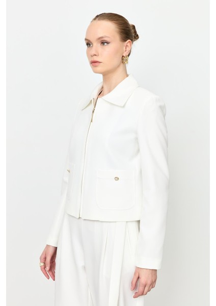 Fermuar Detaylı Kısa Ceket-Kemık indirimleri