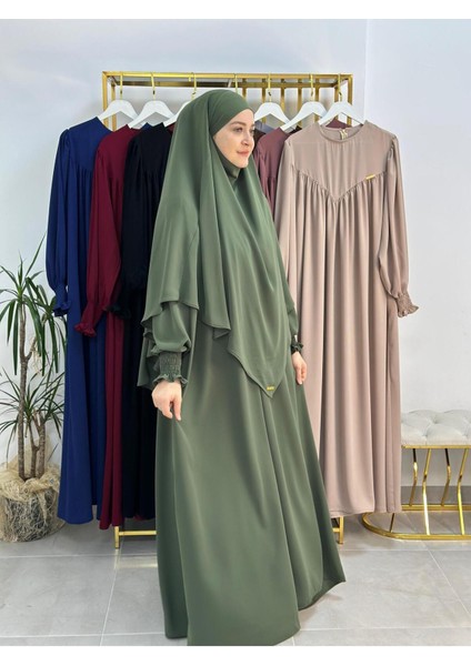 Tesettür Elbise,önü V Model Büzgülü,sufle Esarpla Takım.hijap ,khimar.hac Umre Için Uygundur Yeşil fiyatları