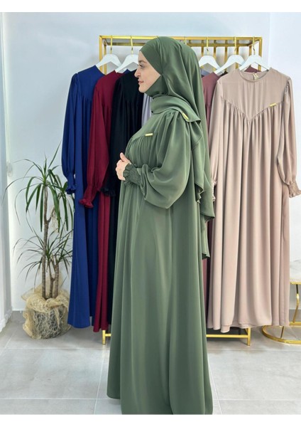 Tesettür Elbise,önü V Model Büzgülü,sufle Esarpla Takım.hijap ,khimar.hac Umre Için Uygundur Yeşil fırsatları