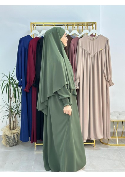 Tesettür Elbise,önü V Model Büzgülü,sufle Esarpla Takım.hijap ,khimar.hac Umre Için Uygundur Yeşil