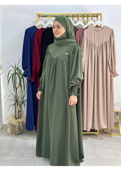 Tesettür Elbise,önü V Model Büzgülü,sufle Esarpla Takım.hijap ,khimar.hac Umre Için Uygundur Yeşil