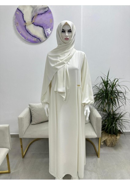Şallı ,tesettür Yandan Büzgülü Elbise Takım ( Hac ve Umre Için Uygundur) Beyaz Renk