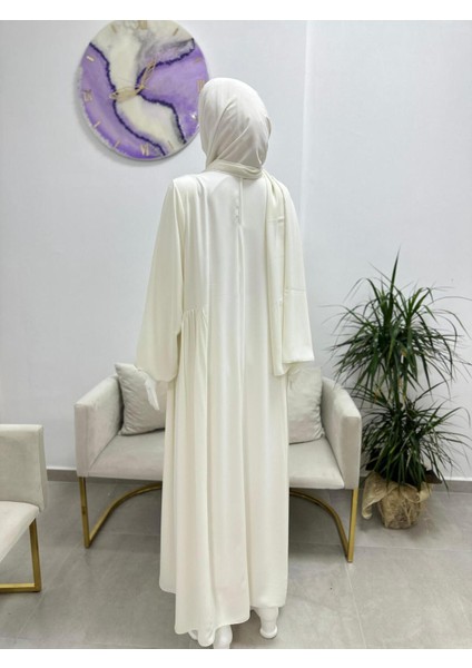 Şallı ,tesettür Yandan Büzgülü Elbise Takım ( Hac ve Umre Için Uygundur) Beyaz Renk fırsatları