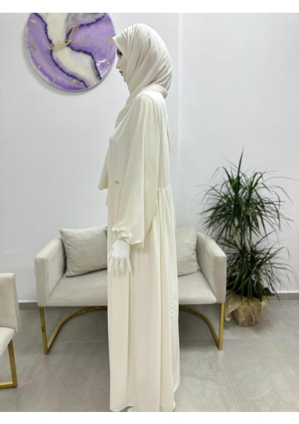 Şallı ,tesettür Yandan Büzgülü Elbise Takım ( Hac ve Umre Için Uygundur) Beyaz Renk indirimleri