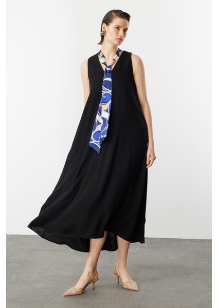 Fular Detay V Yaka Uzun Elbise-Siyah modelleri