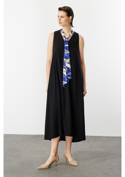 Fular Detay V Yaka Uzun Elbise-Siyah indirimleri