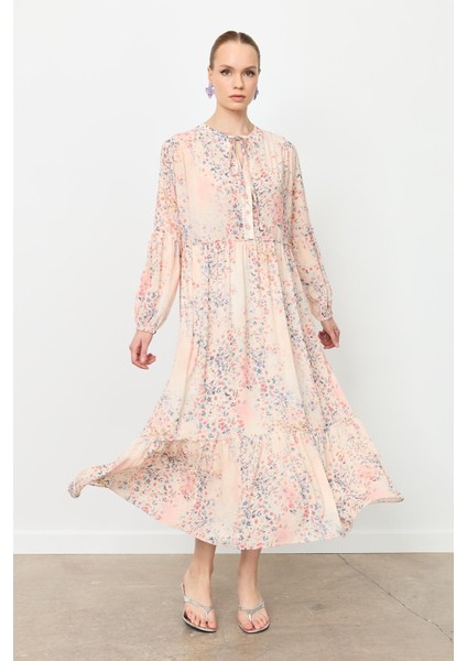 Eteği Volanlı Uzun Şifon Elbise-Kırmızı