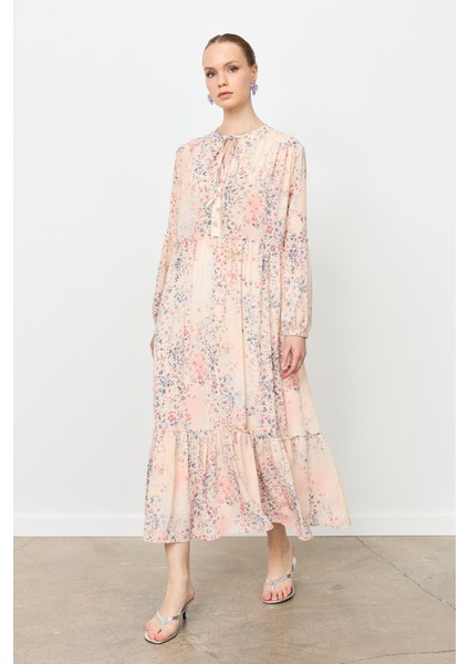 Eteği Volanlı Uzun Şifon Elbise-Kırmızı fiyatları