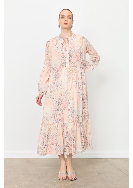 Eteği Volanlı Uzun Şifon Elbise-Kırmızı fırsatları