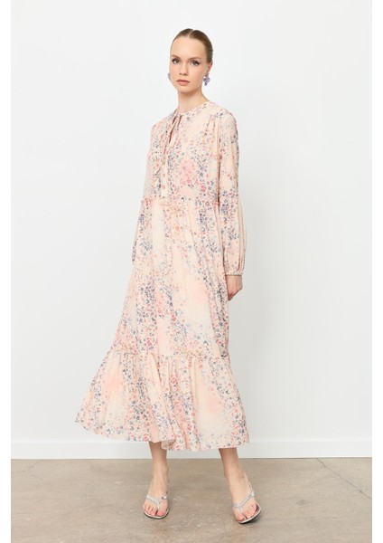 Eteği Volanlı Uzun Şifon Elbise-Kırmızı