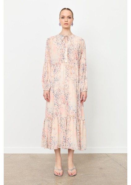 Eteği Volanlı Uzun Şifon Elbise-Kırmızı