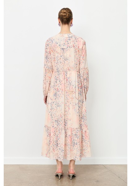 Eteği Volanlı Uzun Şifon Elbise-Kırmızı