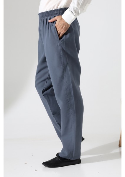 Erkek Lastikli Bel Cepli Hac Umre Müslin Pantolon - Füme (Ans)
