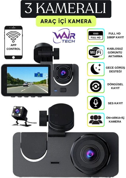 1080P Araç Içi 3 Kameralı LCD Ekranlı Gece Görüşlü Wifi G-Sensör Geri Görüş Kamera