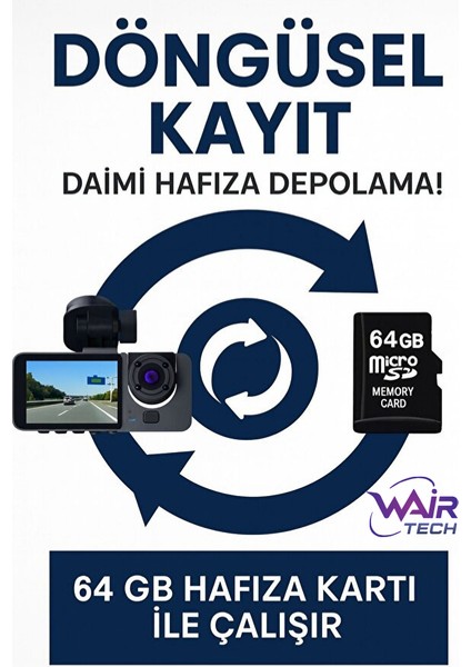 1080P Araç Içi 3 Kameralı LCD Ekranlı Gece Görüşlü Wifi G-Sensör Geri Görüş Kamera