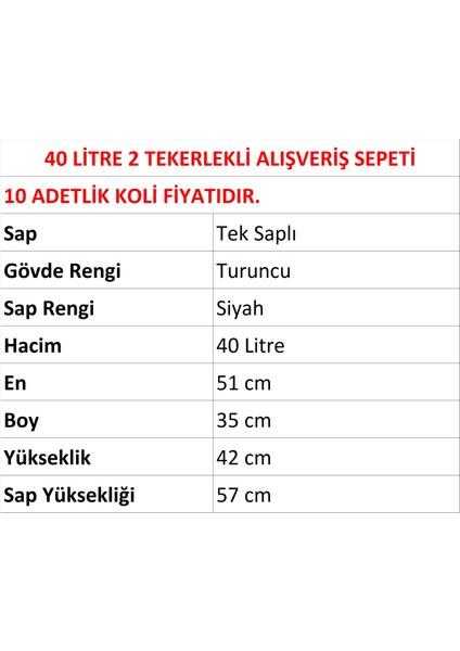 Tekerlekli Plastik Market Alışveriş El Sepeti 40 Litre Turuncu 10 Adet fiyatları
