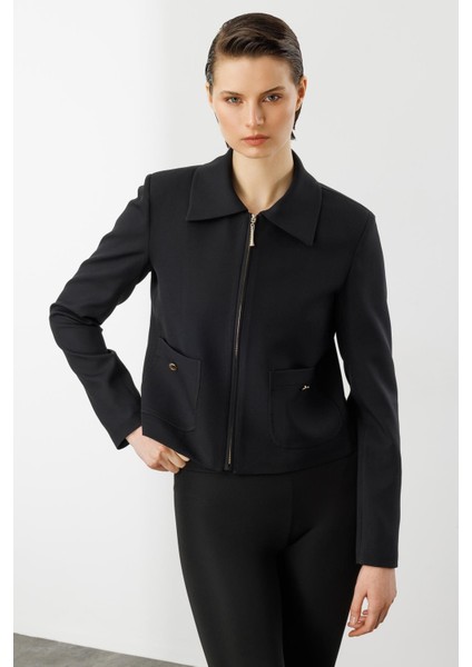 Fermuar Detaylı Kısa Ceket-Siyah