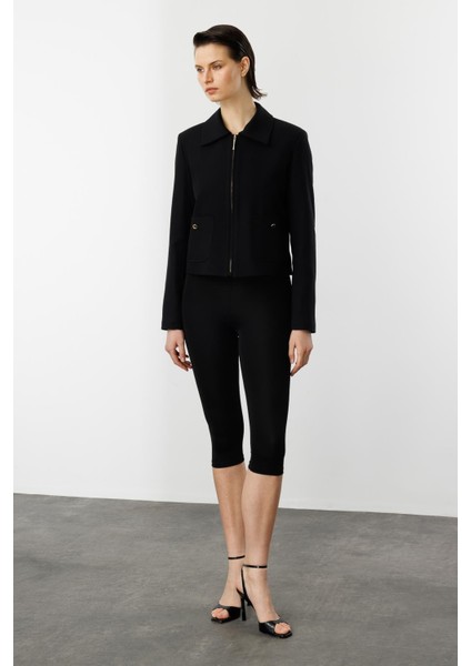 Fermuar Detaylı Kısa Ceket-Siyah