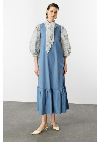 Eteği Volanlı Uzun Elbise-Indigo fiyatları