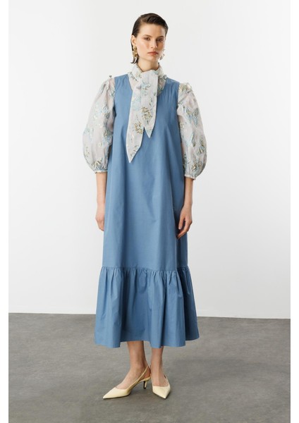 Eteği Volanlı Uzun Elbise-Indigo indirimleri