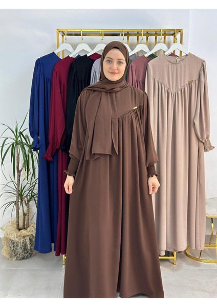 Sallı ,önü V Model Büzgülü Tesettür Elbise Takım ,ferrace,abaya, Hicab,hac ve Umre Için Uygun Kahve