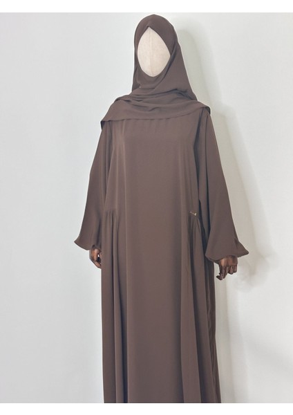 Yandan Robalı,tesettür Bol Elbise,hac ve Umre Için Uygundur Medine Ipegi Kumas Kahve Renk