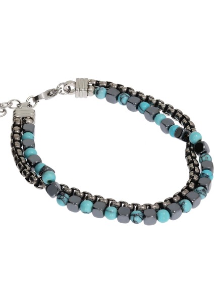 Erkek Zincir ve Turkuaz Renk Boncuk Detay Çelik Bileklik