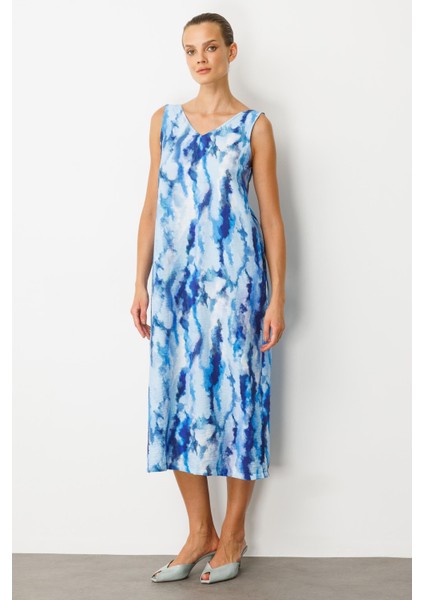 Batik Desenli Sırt Detay Elbise-Indigo