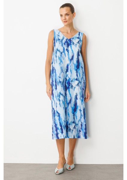 Batik Desenli Sırt Detay Elbise-Indigo fiyatları