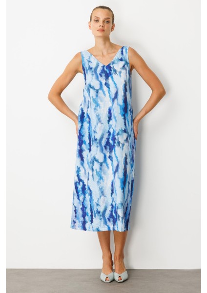 Batik Desenli Sırt Detay Elbise-Indigo modelleri
