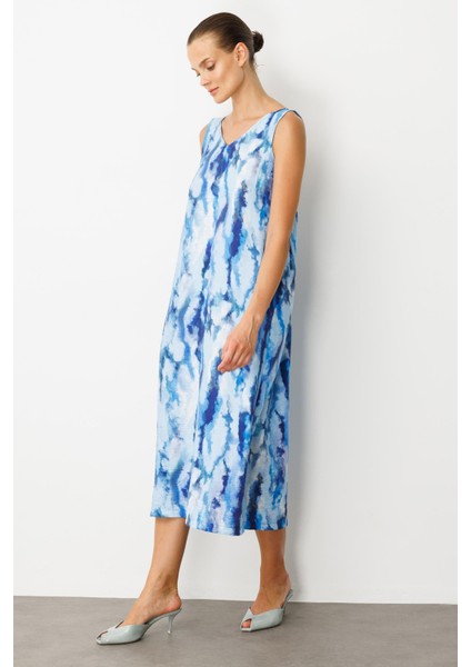 Batik Desenli Sırt Detay Elbise-Indigo fırsatları