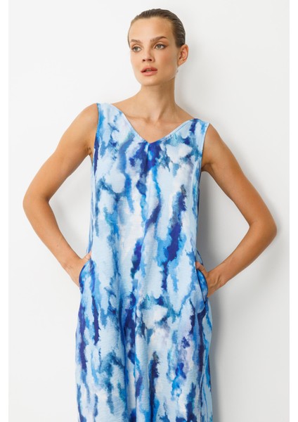 Batik Desenli Sırt Detay Elbise-Indigo indirimleri