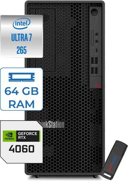 Thinkstation P2 Tower Gen 2 Intel Core Ultra 7 265 64GB Ddr5 2tb SSD 8GB/RTX4060 Windows 11 Pro Masaüstü Iş Istasyonu 30JQ003PTRP23 + Zettausb