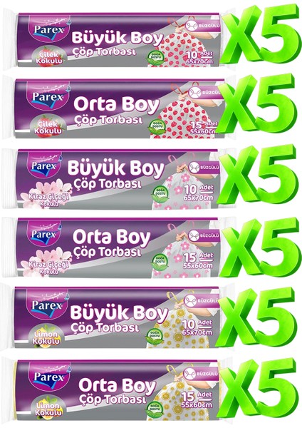 Büzgülü 30 Paket Çöp Torbası Kokulu Büyük ve Orta Boy