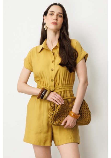 Beli Lastikli Kısa Tulum-Safran indirimleri