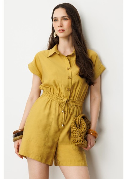 Beli Lastikli Kısa Tulum-Safran