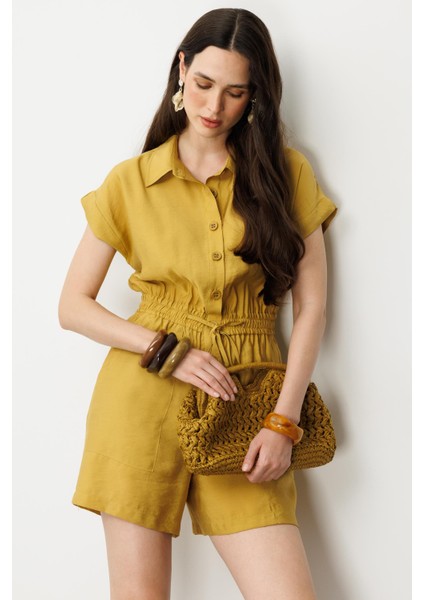 Beli Lastikli Kısa Tulum-Safran