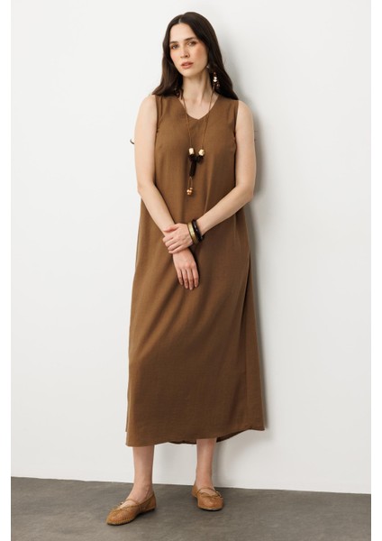 Keten Görünümlü Kolsuz Midi Elbise-Kahve