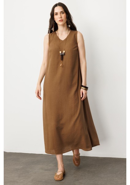 Keten Görünümlü Kolsuz Midi Elbise-Kahve modelleri