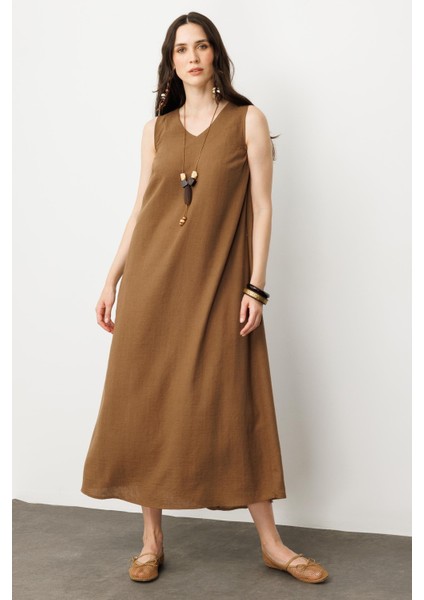 Keten Görünümlü Kolsuz Midi Elbise-Kahve fırsatları