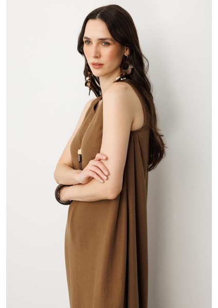 Keten Görünümlü Kolsuz Midi Elbise-Kahve indirimleri