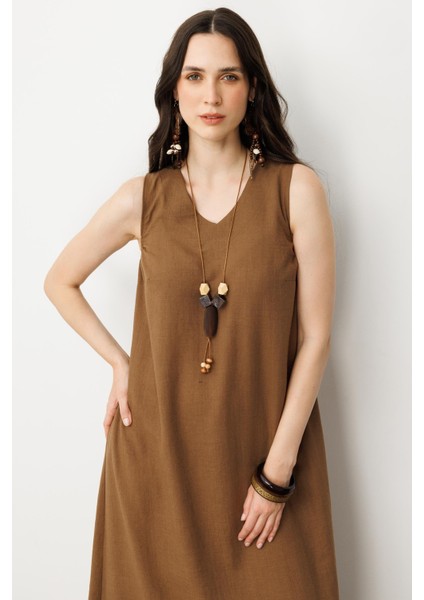 Keten Görünümlü Kolsuz Midi Elbise-Kahve