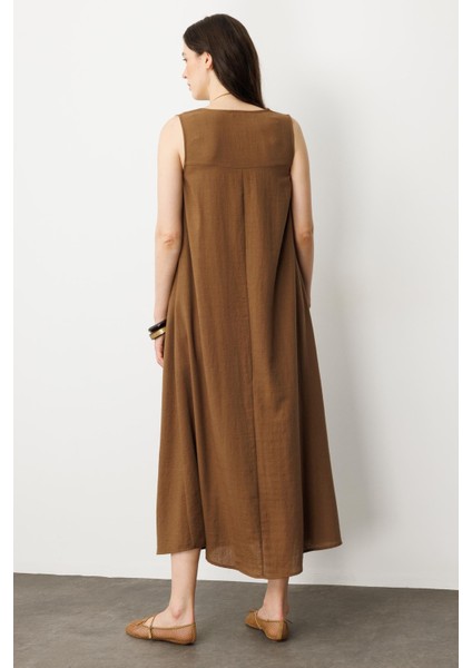 Keten Görünümlü Kolsuz Midi Elbise-Kahve